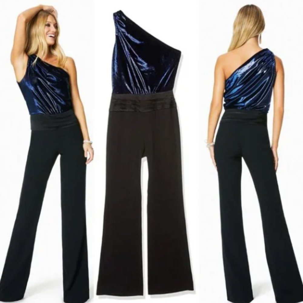 NWT Ramy Brook 'Benji' Jumpsuit One Shoulder Blue Velour One Piece Size 4